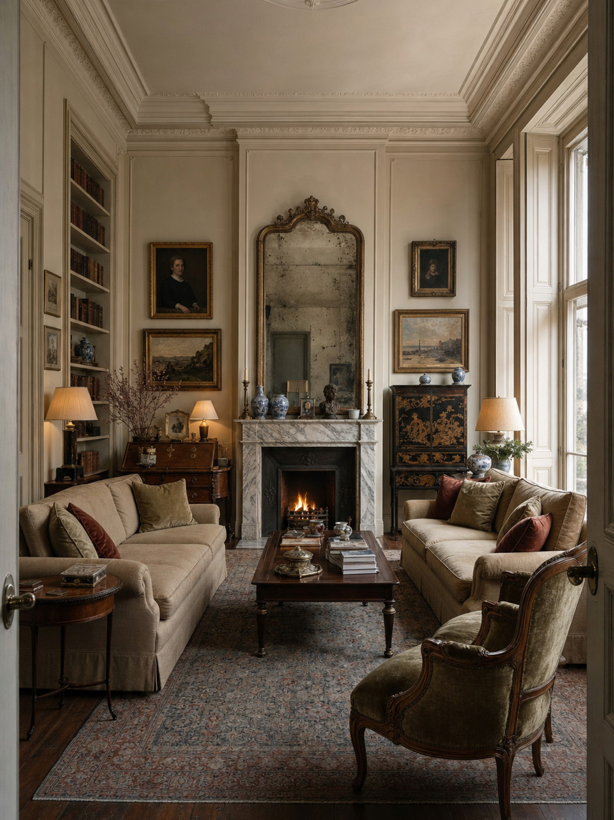 A drawing room with a lit fire, a gilt overmantel mirror and oil paintings above bookshelves.