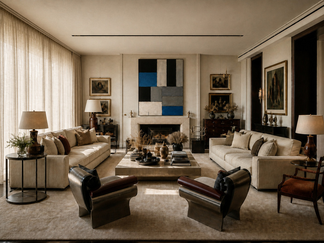 A symmetrical reception room, two sofas facing across a low table beneath a large abstract canvas.