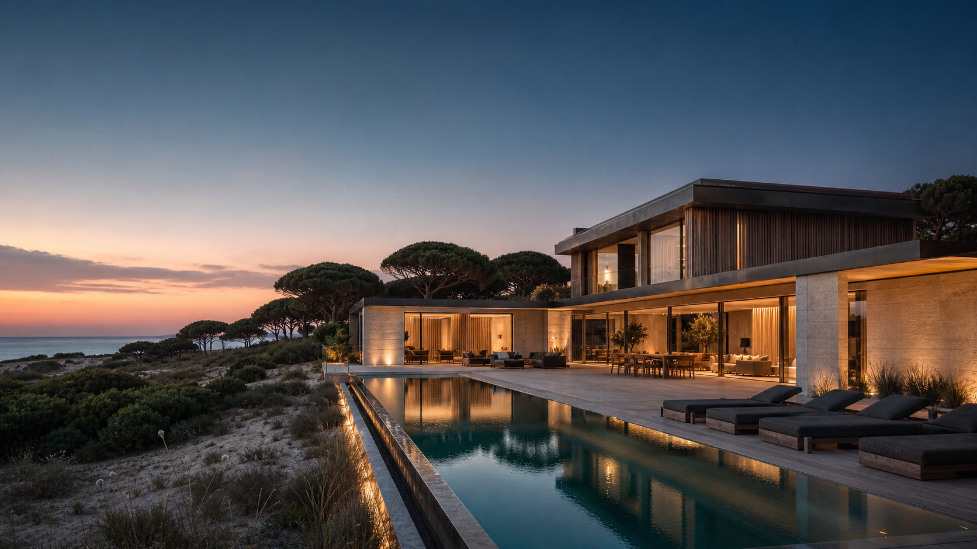 A low timber-clad house at dusk, its lap pool running out towards umbrella pines and the Atlantic.
