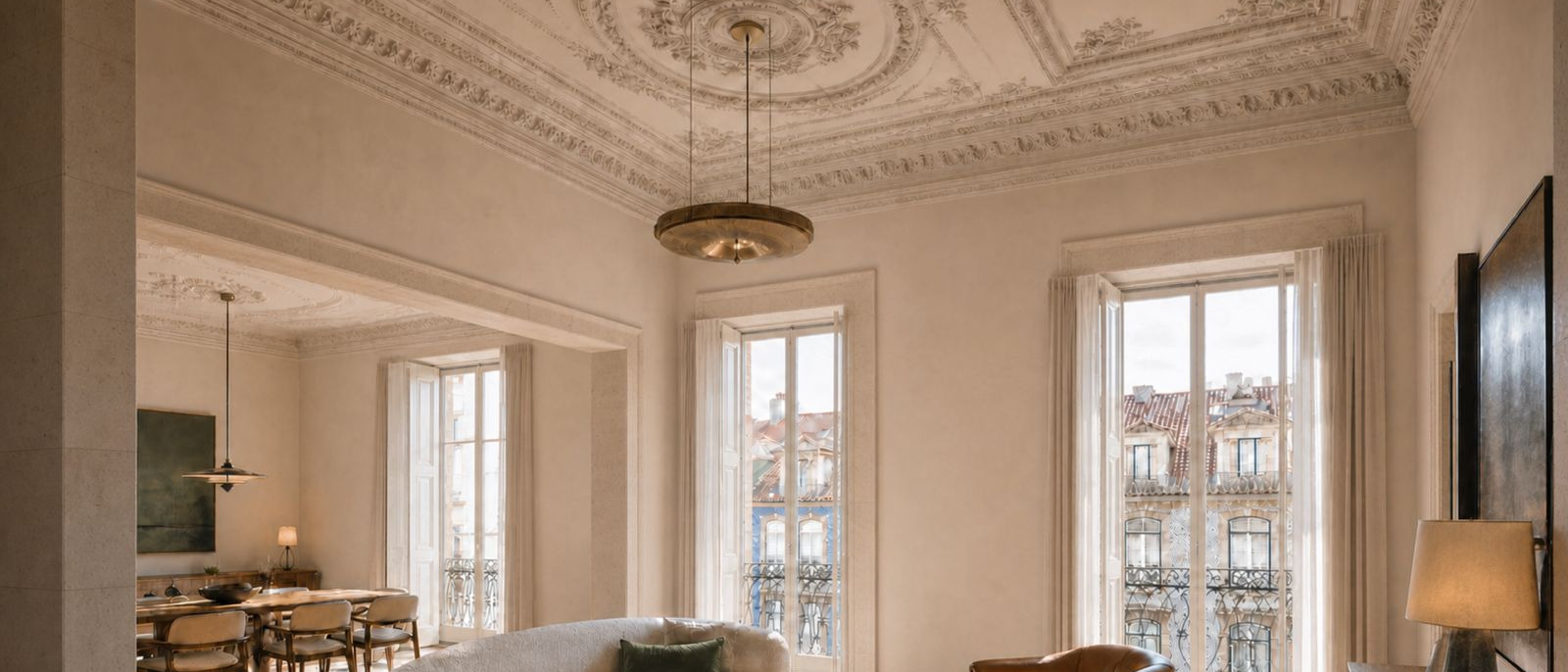 A restored stucco ceiling and tall windows in a Lisbon apartment, afternoon light crossing the cornice.