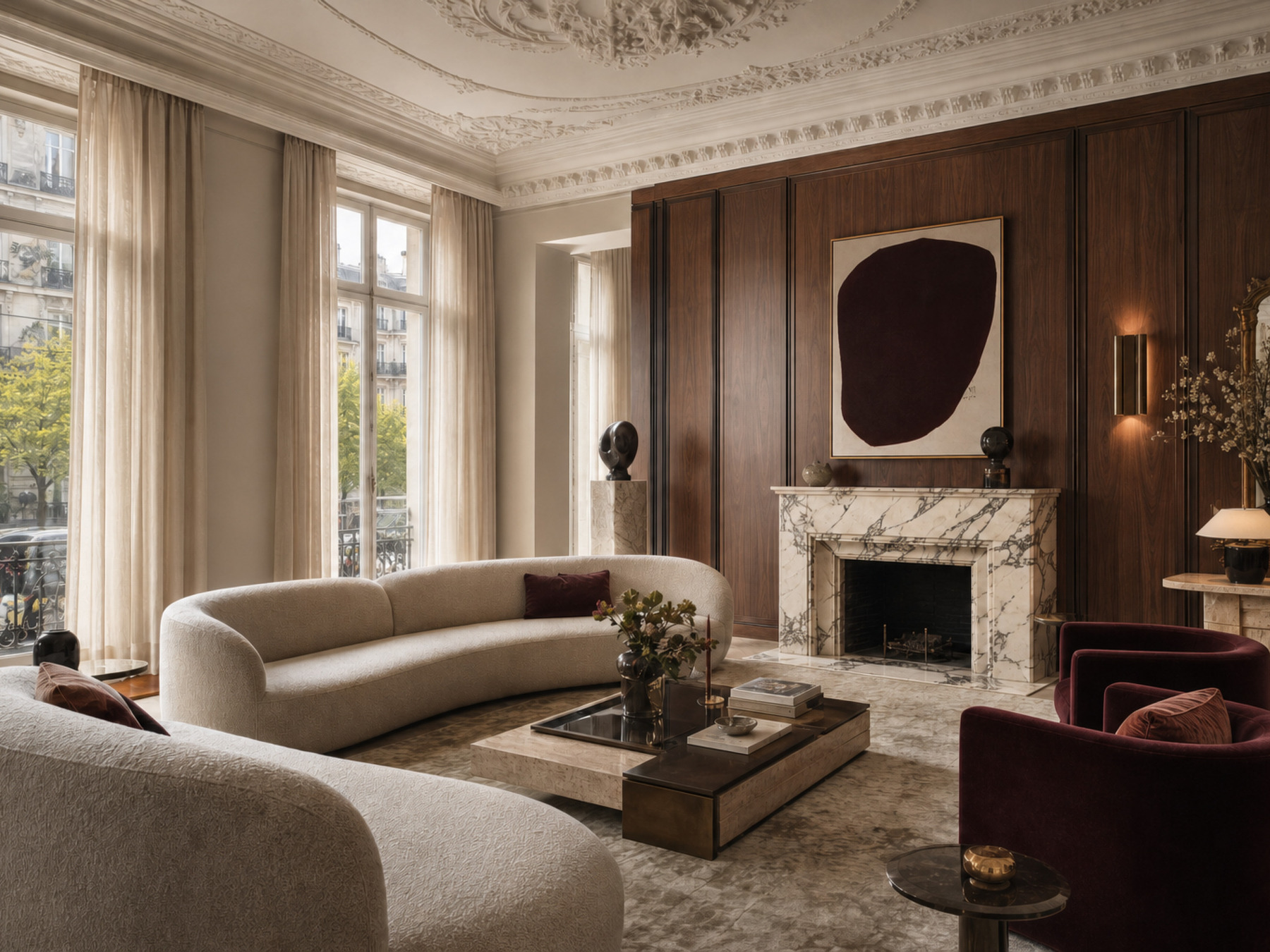 A reception room with a marble fireplace, walnut panelling and a curved sofa beneath tall windows.