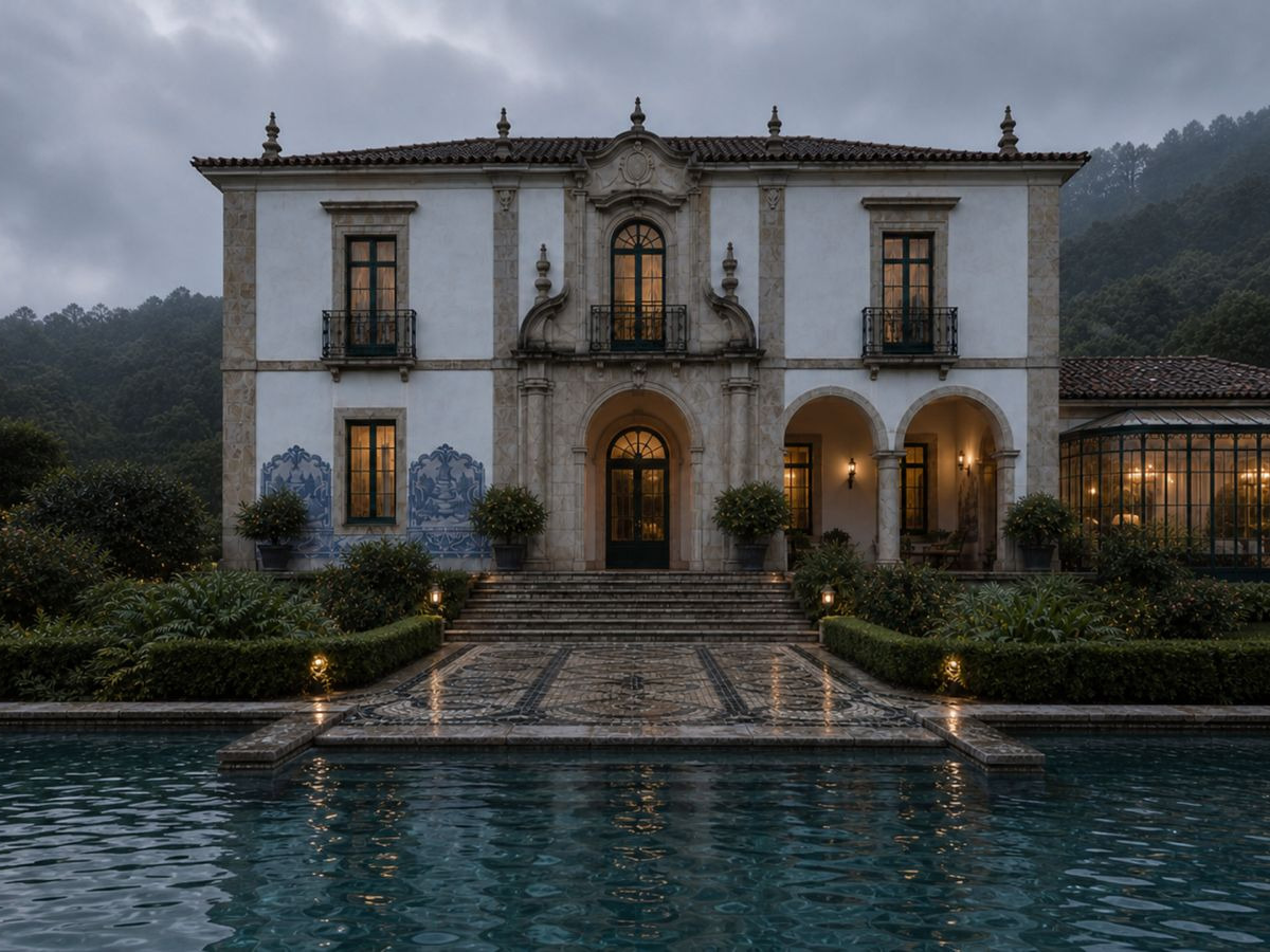 A classical Portuguese quinta with azulejo panels, seen across its reflecting pool.