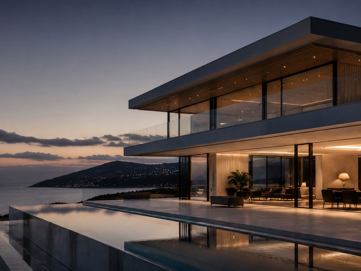 A contemporary clifftop house at dusk, its terrace and pool set above the Atlantic.