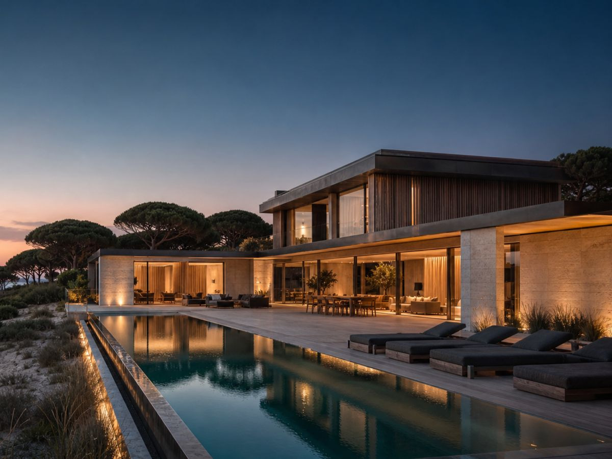 A coastal house lit at dusk, its living space opening onto a lap pool among umbrella pines.