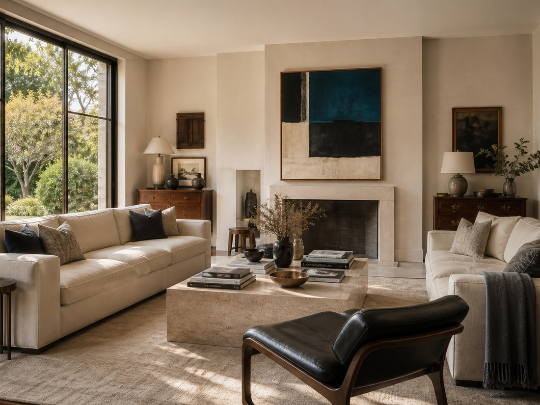 A living room opening onto the garden through a tall window, with a stone fireplace and low cream sofas.