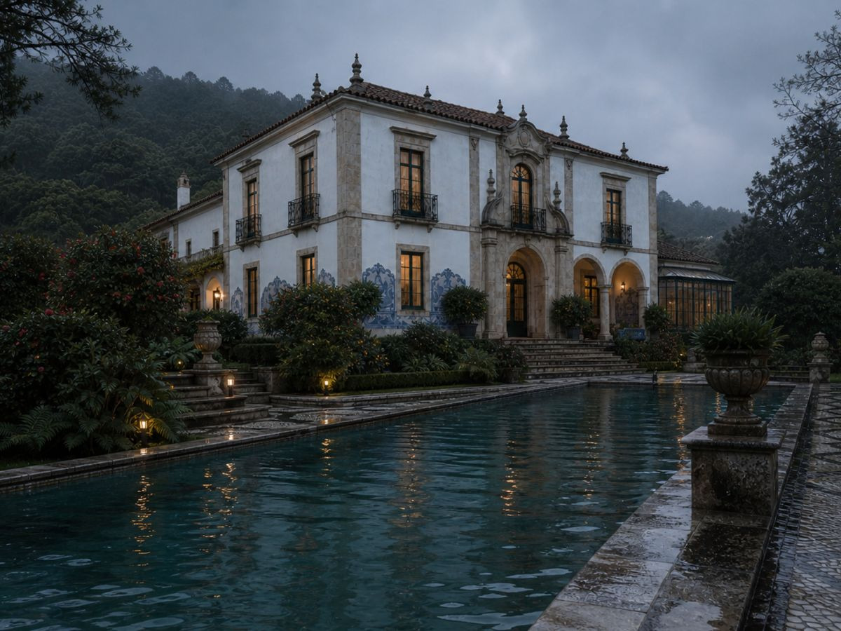 The restored façade and gardens of a quinta in the Sintra hills after rain.