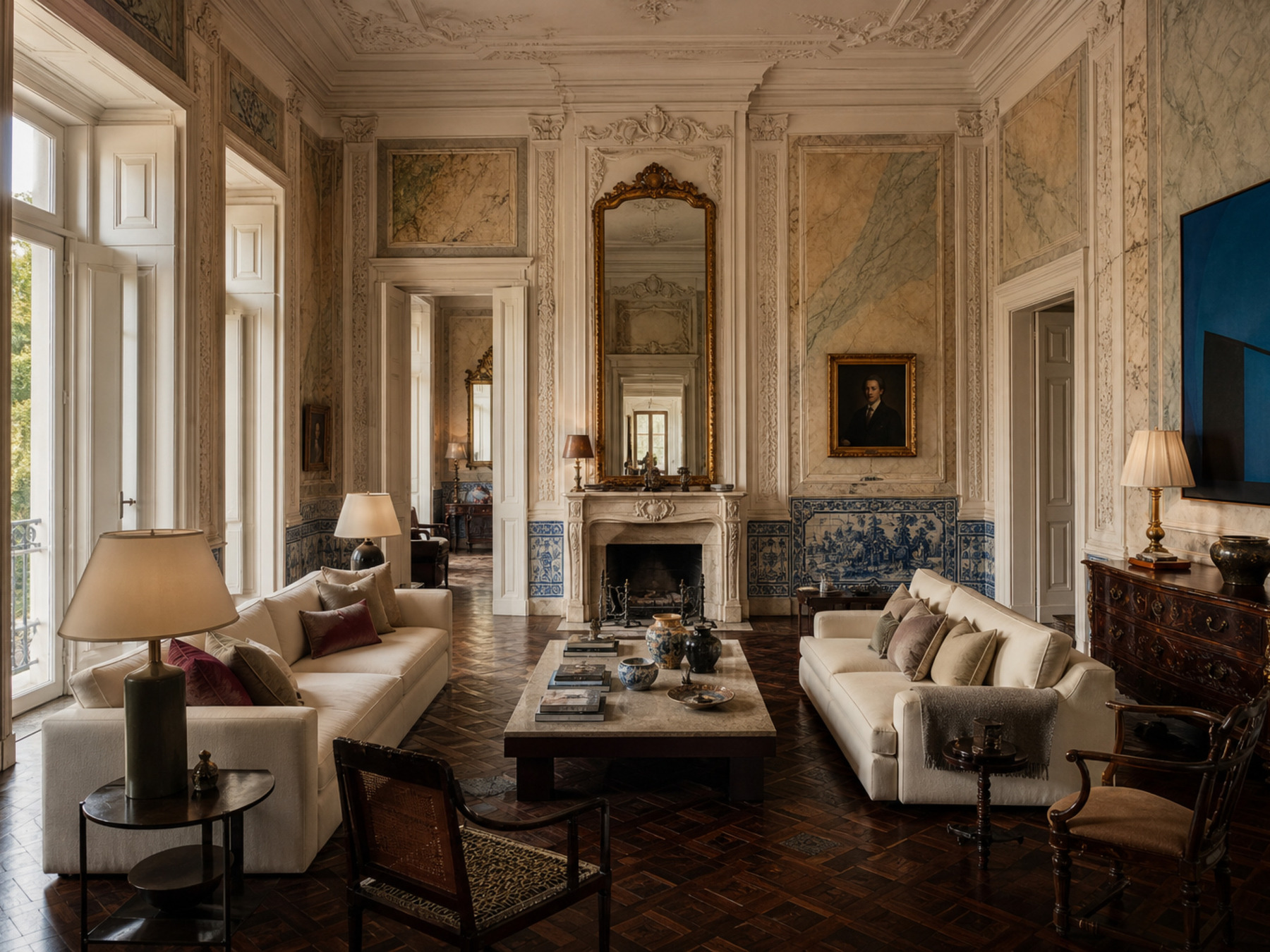 A restored palace salon: carved stucco, marble panelling, an azulejo dado and a gilt overmantel mirror.