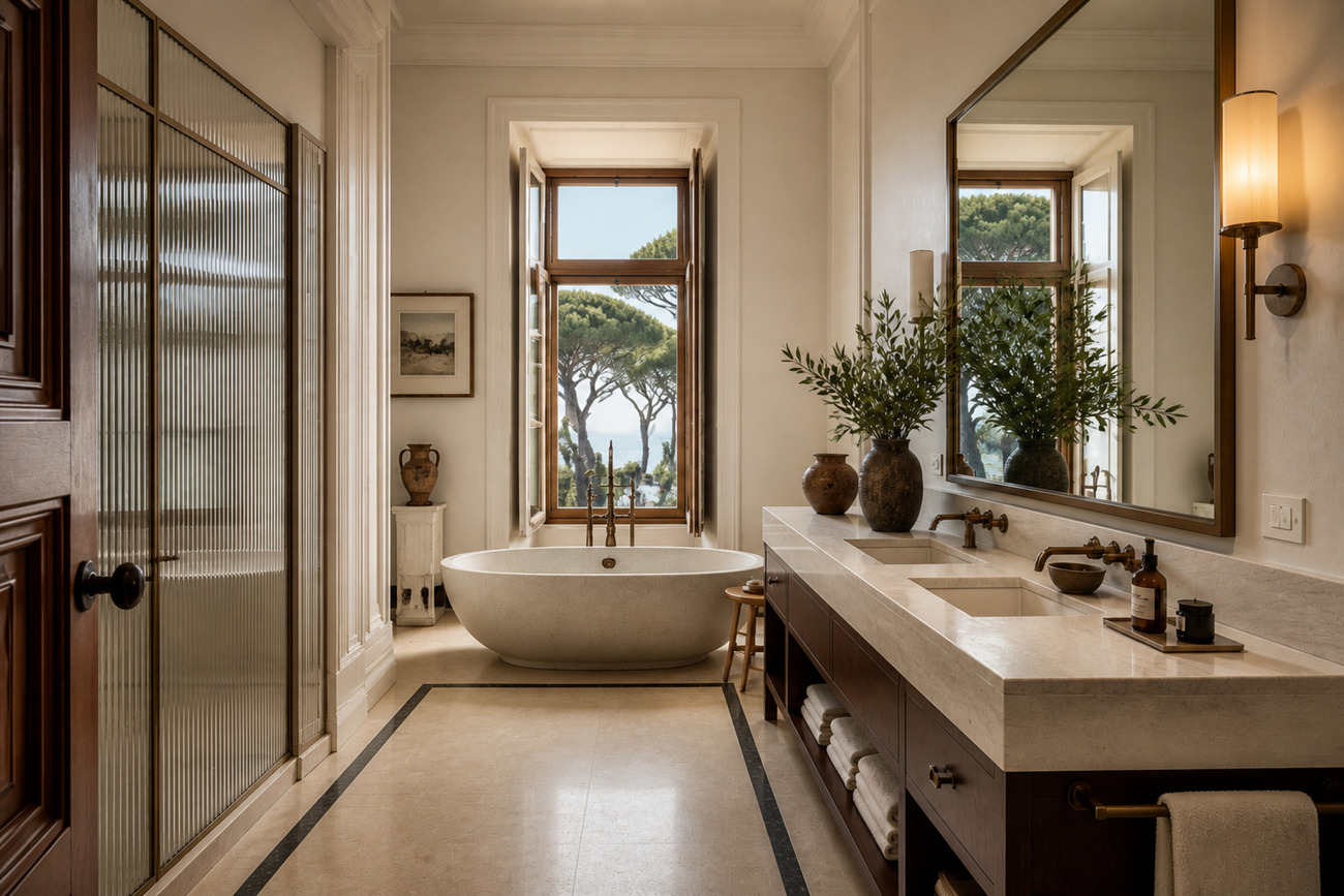 A bathroom with a freestanding stone bath and a twin vanity, the window open to pines and the sea.