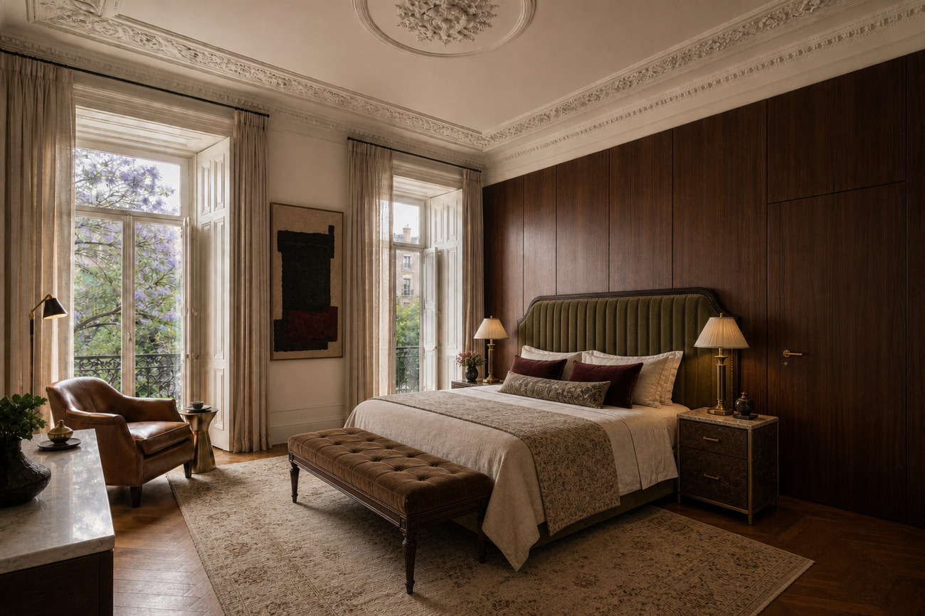 A principal bedroom panelled in walnut, with a green velvet headboard beneath a moulded ceiling.