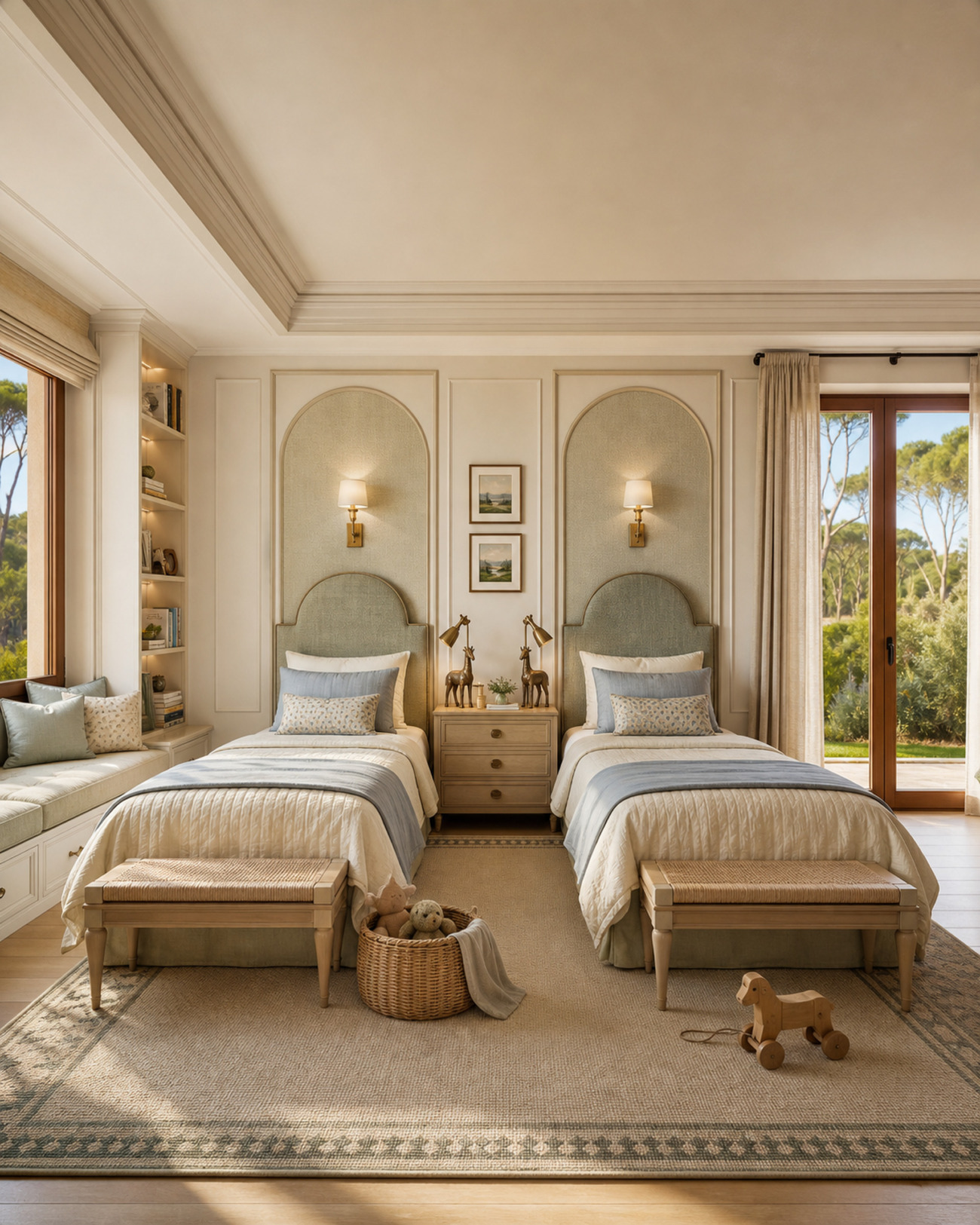 A children's room with twin beds under arched upholstered headboards and a window seat onto the garden.