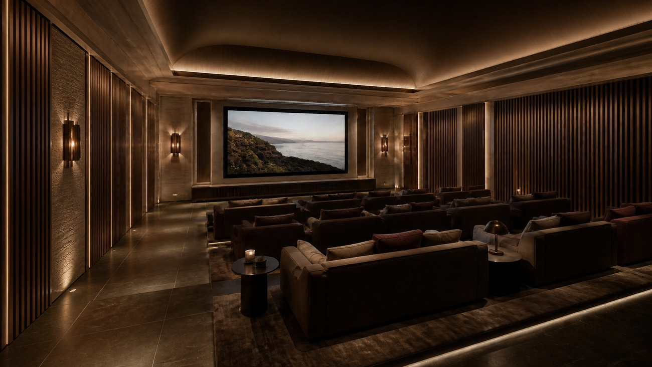 A private cinema room, tiered seating in velvet and leather between fluted timber panels lit by wall sconces.