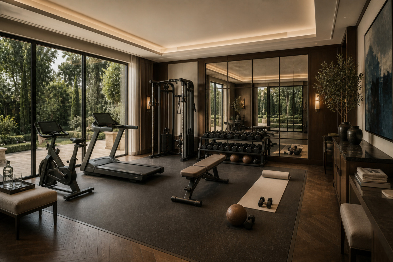 A garden-level gym behind full-height glass, equipment set on a dark timber floor at dusk.