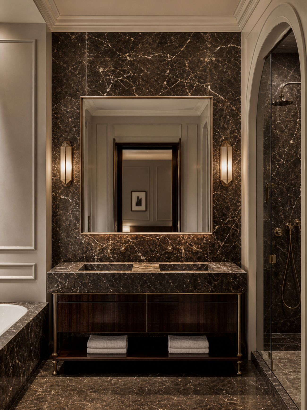 A bathroom lined in dark veined marble, with a backlit mirror and an ebony vanity under an arched opening.