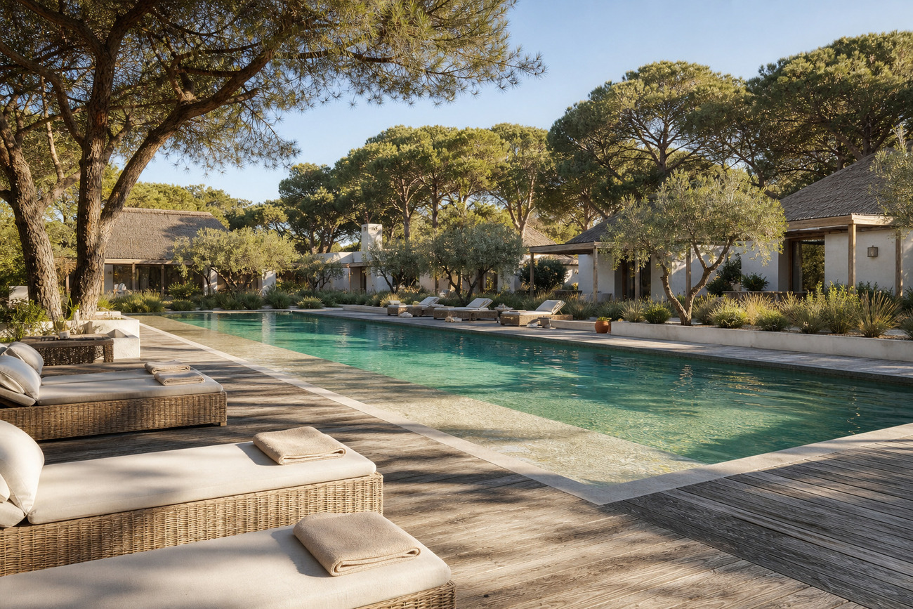 A long pool among umbrella pines, with wicker daybeds along the terrace of a low villa.