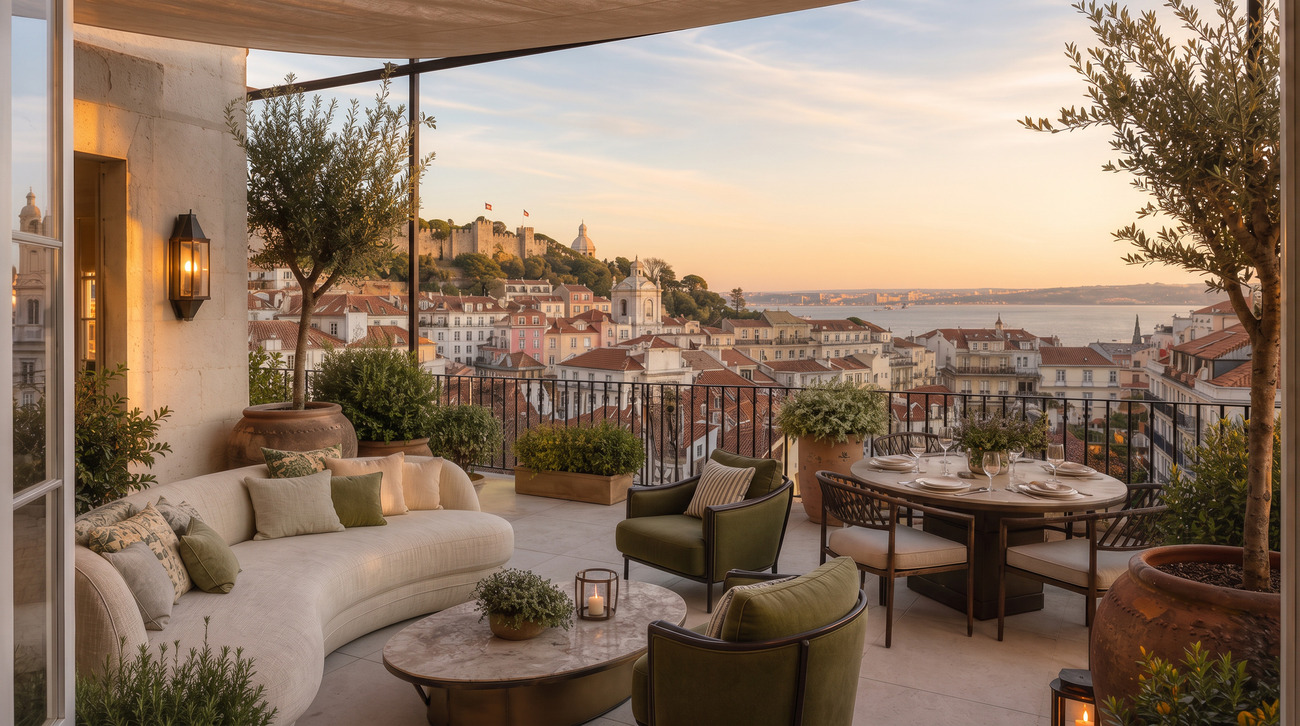 A terrace above the Alfama rooftops at golden hour, with olive trees in terracotta and a laid table looking towards the castle.