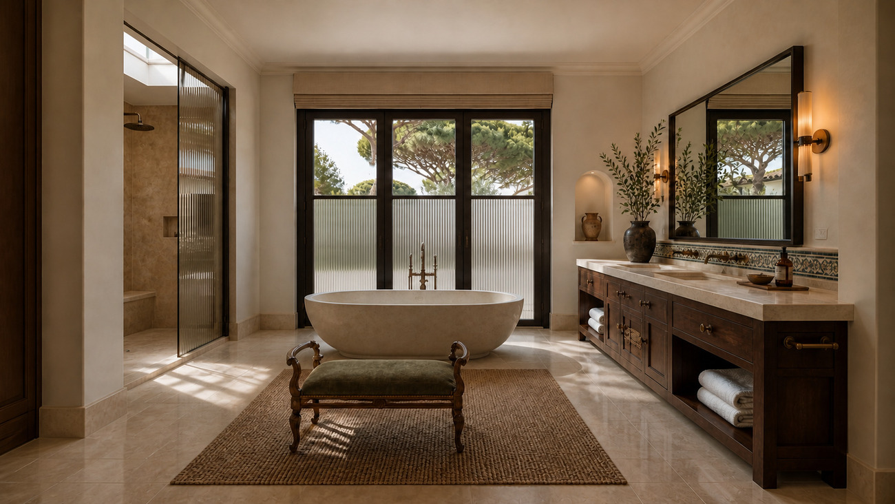 A bathroom with a freestanding bath centred on a black-framed window wall, an upholstered bench on a sisal rug.